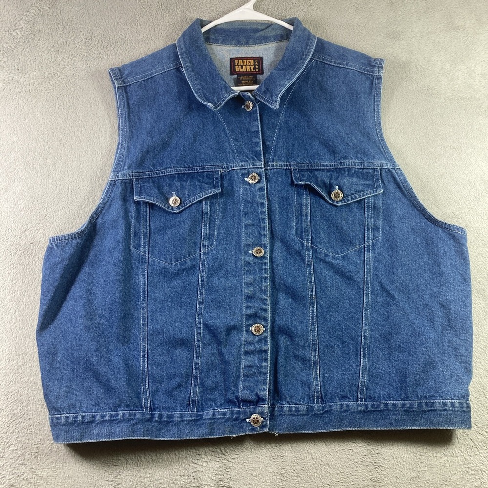 Faded Glory Denim Vest Women 24W Blue Jean Button Sleeveless Jacket Pockets